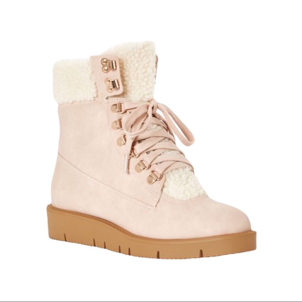 New! JustFab Faux Suede Sherpa Cuff Hiker Lace Up Wedge Winter Boots Booties